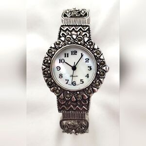 Marcasite Floral Bracelet Watch Women 26mm Silver Tone Open Cuff *Needs Battery*